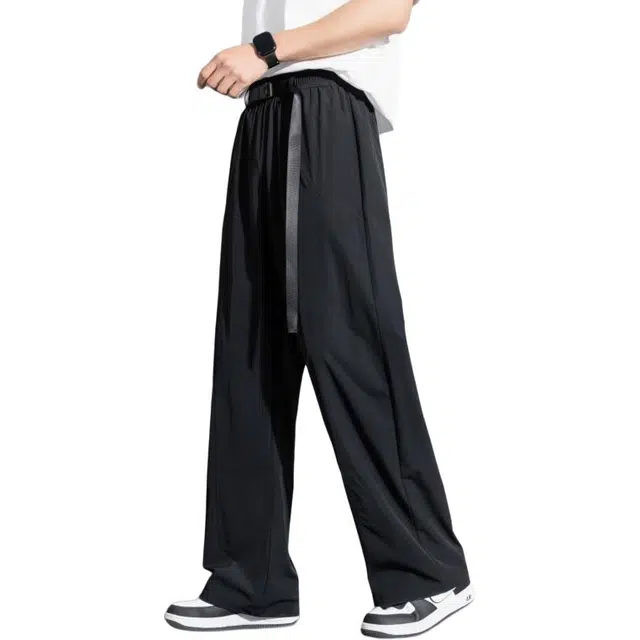 顶峰保罗 冰丝薄款直筒垂感阔腿速干凉感透气运动长裤无性别主义纯色腰带高级感亲肤舒适休闲裤 男女同款