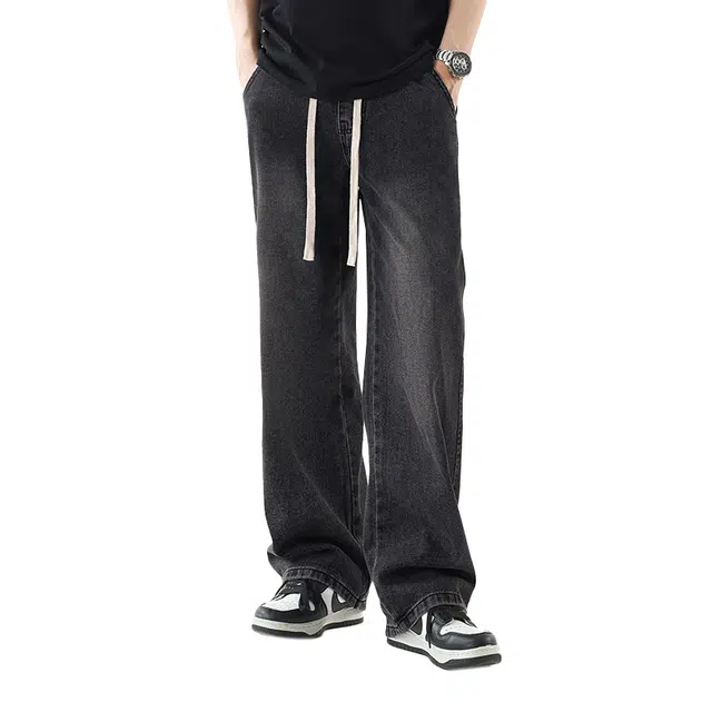 棉的美学 美式高街水洗做旧休闲宽松百搭直筒松紧系带中腰长裤牛仔裤 男女同款