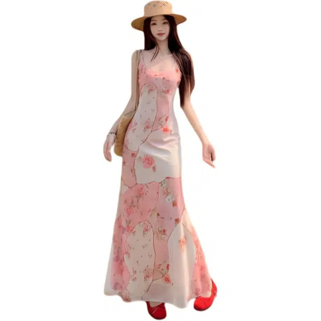 北极绒 韩系浪漫氛围感修身显瘦碎花拼接长裙吊带连衣裙 女款