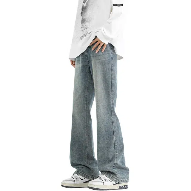 顶峰保罗 美式微喇撞色水洗高街直筒长裤无性别主义潮牌薄款宽松休闲透气百搭显瘦阔腿牛仔裤 男女同款