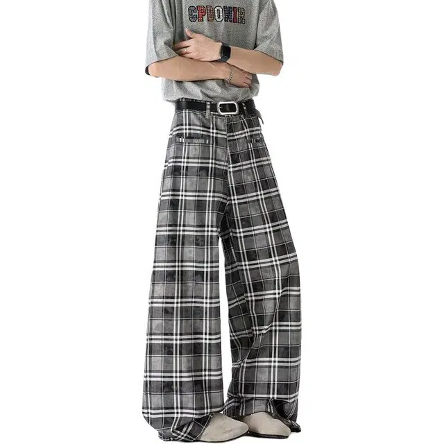 袋鼠 方格设计时尚百搭气质宽松阔腿裤日系美式韩版潮牌解构极简宽松创意设计感街头通勤百搭时尚清爽透气休闲裤 男女同款
