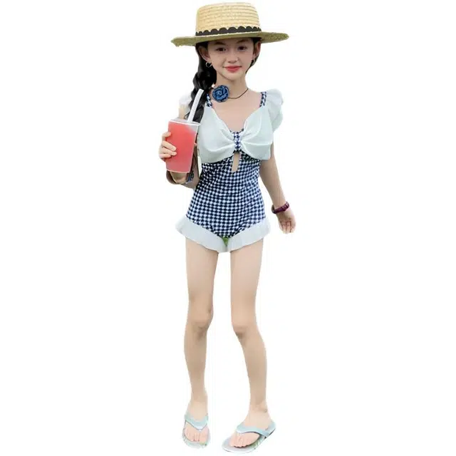 木木兔 夏季时髦洋气时尚甜美女孩蝴蝶结连体泳衣裤