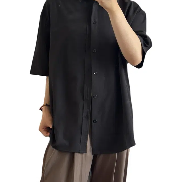 颂希尔 美式纯色宽松潮牌薄款垂感短袖衬衫 男女同款