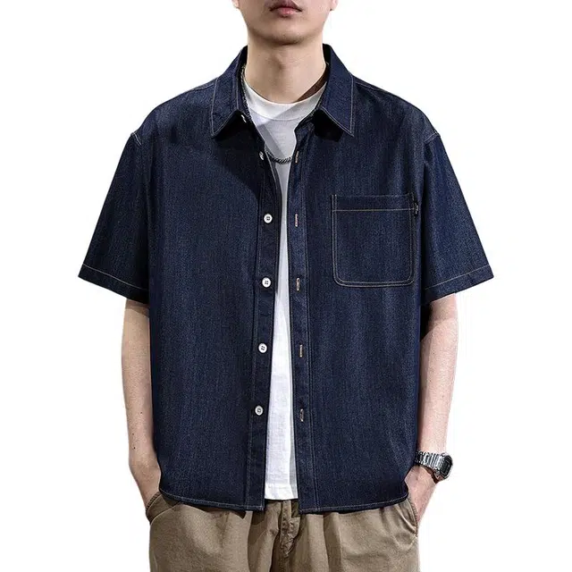 遨宇 夏季 美式休闲复古多口袋缉明线重磅牛仔工装短袖衬男五分袖衬衣休闲外套衬衫 宽松型 男女同款