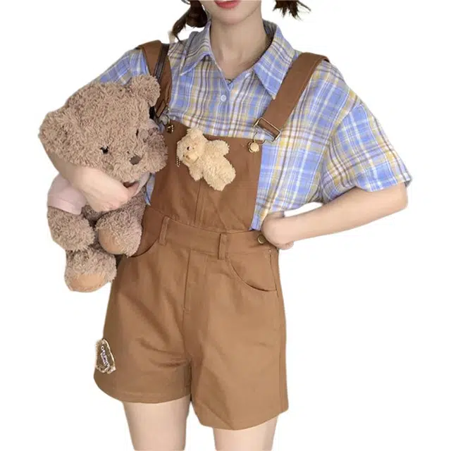 黛尔佳人 学院风甜美清新方领短袖上衣百搭背带短裤休闲套装 女款