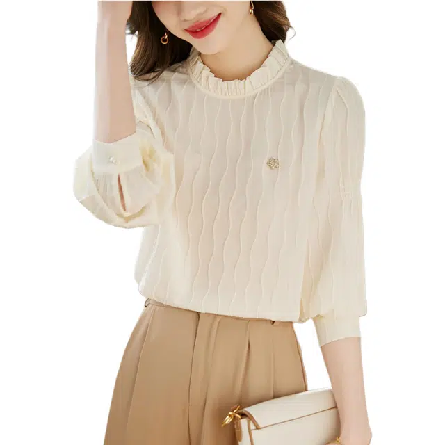 曲韩 洋气独特花边领长袖雪纺衫 女款 白色