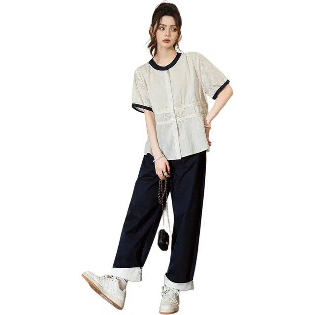 法文箱子 夏 女式高级感小个子条纹外穿短袖薄款衬衫 宽松 女款