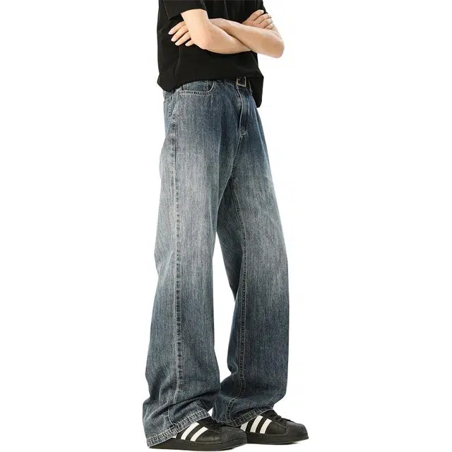 顶峰保罗 薄款透气复古水洗撞色直筒长裤宽松休闲小众设计感百搭潮牌垂感拖地阔腿牛仔裤 男女同款