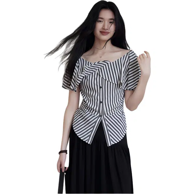 水中花 条纹短袖法式荷叶一字肩收腰小衫衬衫 女款