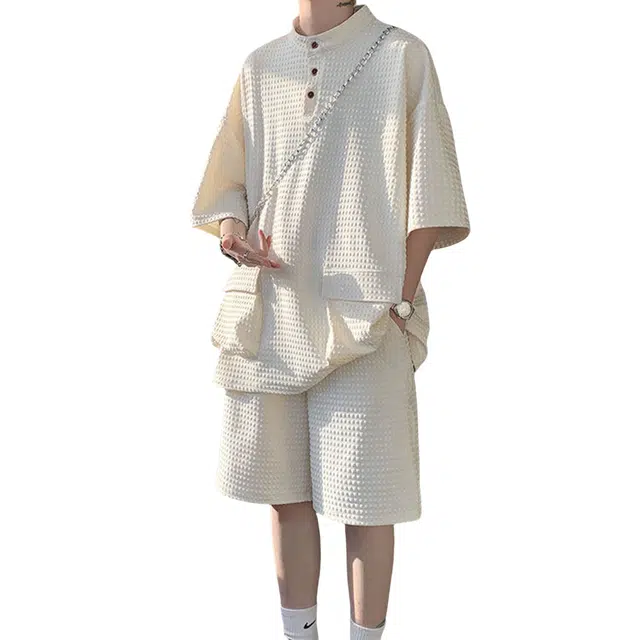 哲源 美式复古舒适亲肤时尚简约条纹口袋落肩薄款短袖宽松百搭潮流日常透气短裤休闲运动套装 男女同款