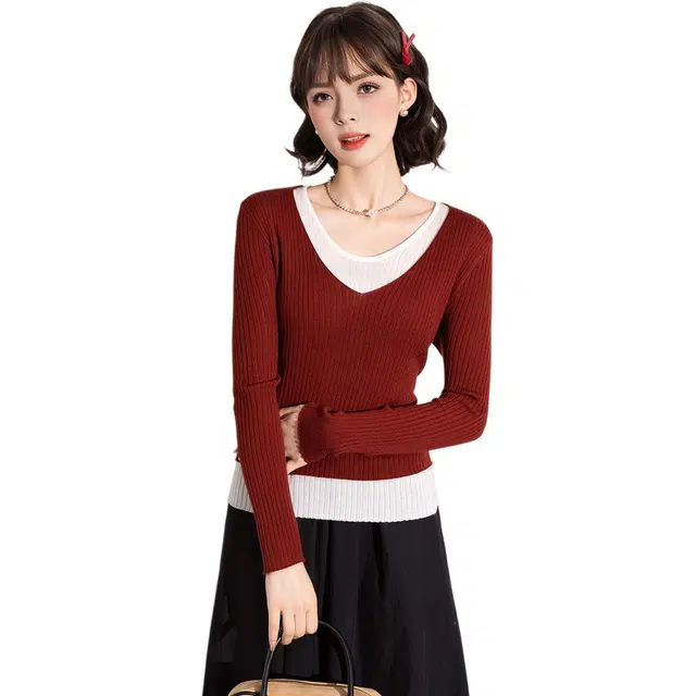 法文箱子 拼色假两件拼接长袖毛衣 女款