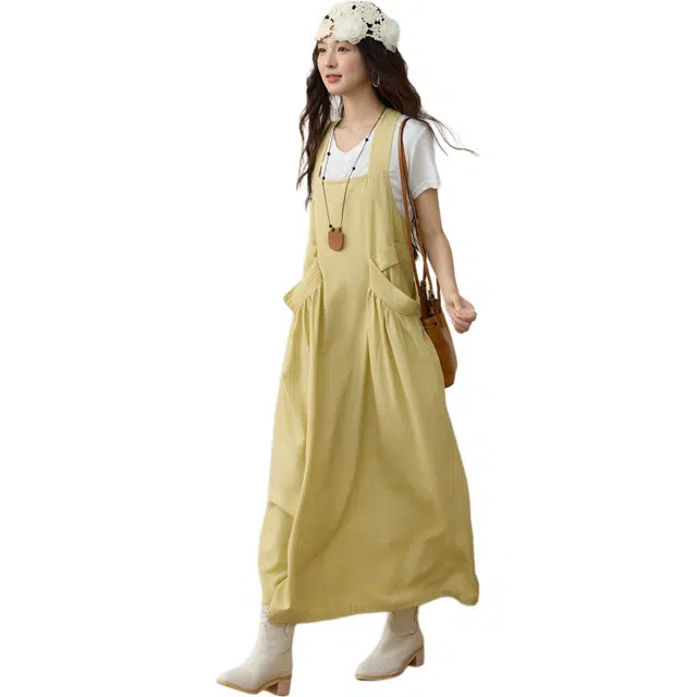 谜秀 大口袋背带复古纯色韩版无袖连衣裙 女款