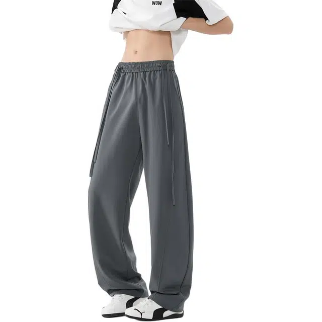 顶峰保罗 冰丝透气美式潮流纯色直筒阔腿长裤情侣宽松百搭运动风凉感透气显瘦显高休闲裤 男女同款