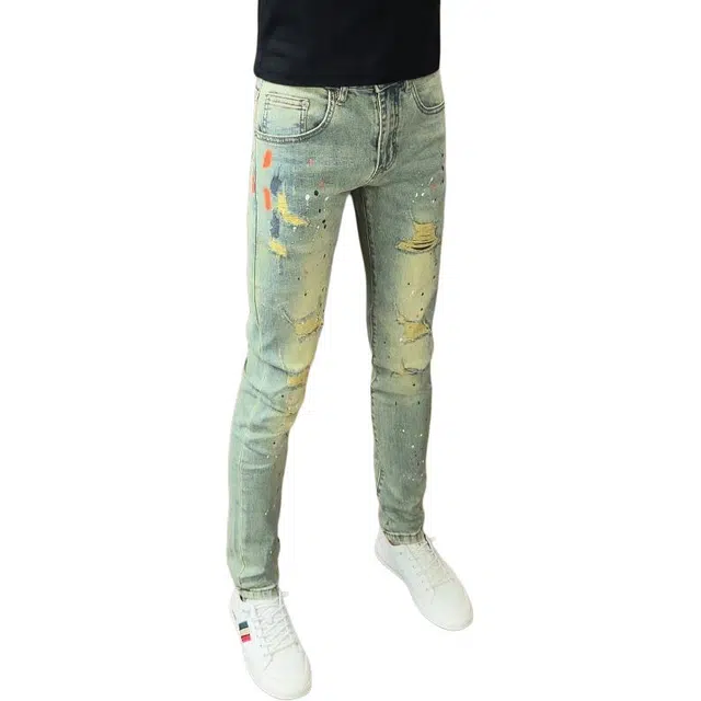 吉肯蒂 夏薄款复古九分破洞男弹力修身潮牌喷漆补丁休闲紧身小脚裤牛仔裤 男款