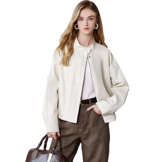 她池 立领气质时尚百搭截短外套 女款 米色