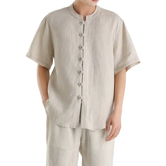 加荣 国风薄款休闲宽松立领盘扣唐装短袖衬衫 男女同款