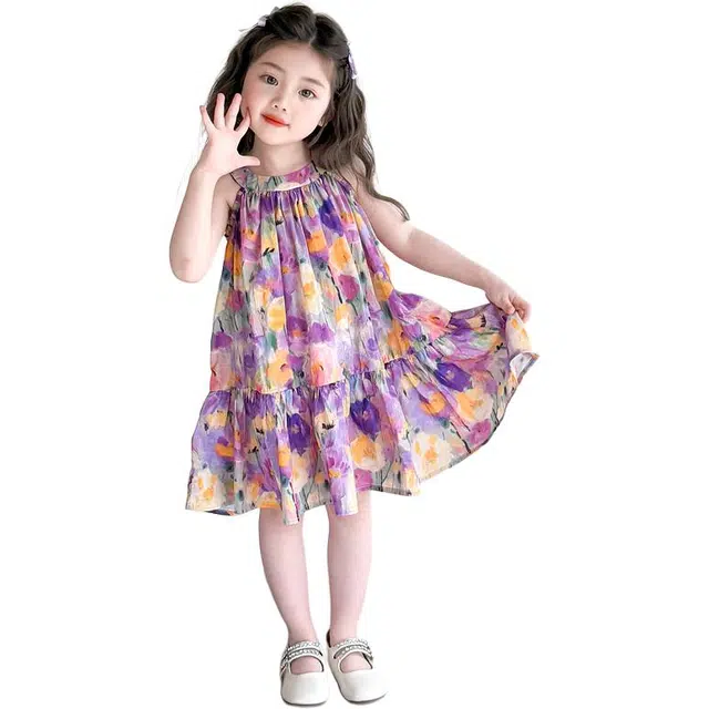 宜而爽连衣裙 百搭亲肤潮流无袖 紫色 中小童