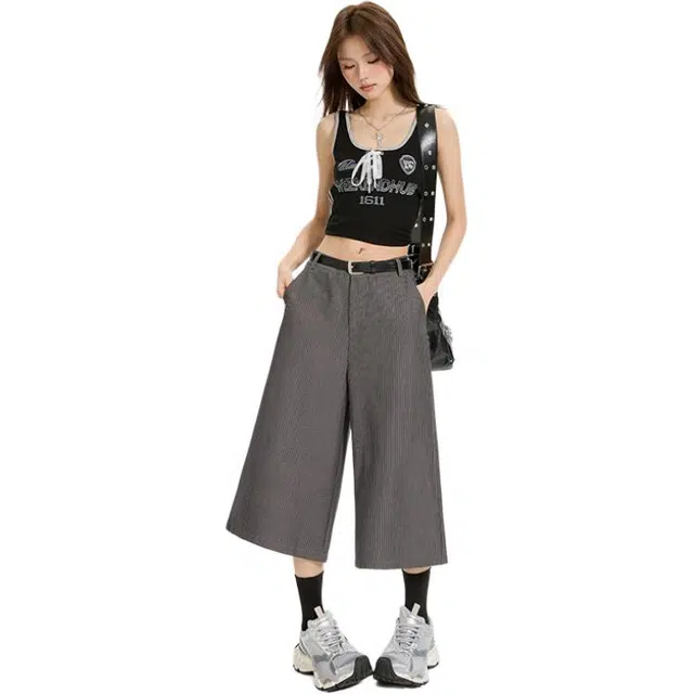 玫丝朵 美式复古慵懒风条纹设计时尚百搭宽松直筒阔腿七分休闲短裤 女款