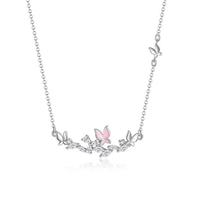 【免费定制刻字】爆闪粉色星蝶蝴蝶锁骨链 银千惠 小众设计实用高级感花飞蝶舞镶满钻宝藏首饰日常生日百搭闺蜜同款配饰 礼盒装 项链 女款