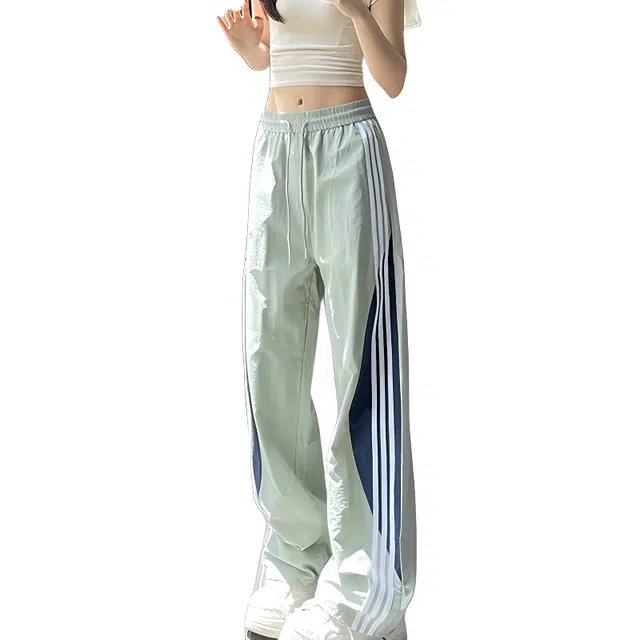 单爵 多巴胺速干薄款潮流三条杠撞色宽松直筒美式运动伞兵裤子长裤休闲裤 男女同款