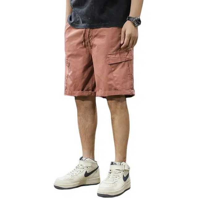 前进牛 纯色美式复古工装多巴胺潮牌中裤多口袋机能系带五分休闲短裤 男女同款