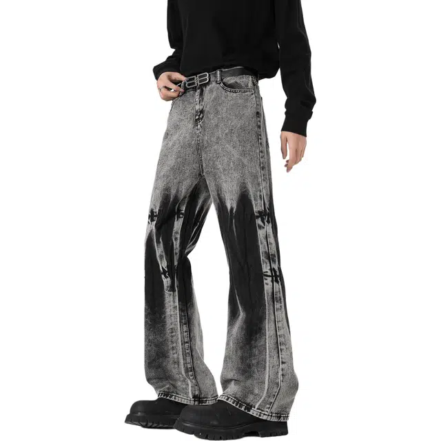 沃马 个性高街休闲美式弯刀水洗做旧废土风高级感窄版阔腿拖地牛仔裤 男女同款 黑色