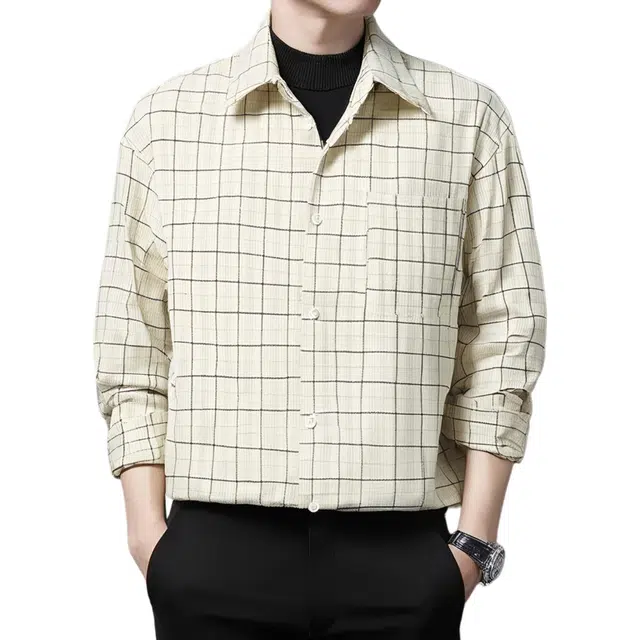 红蜻蜓 百搭休闲翻领格子纯色长袖衬衫 男女同款