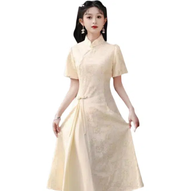 丝絮丝绸 新中式改良旗袍裙复古少女年轻款日常短袖连衣裙 女款