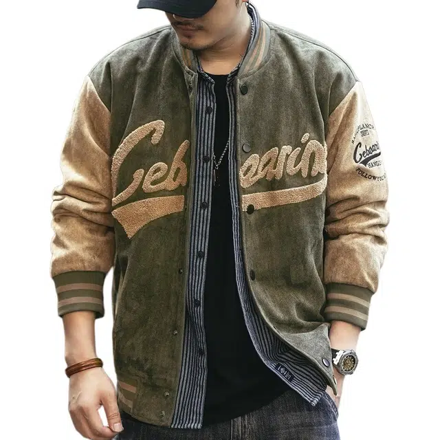格蓝鹿 经典城市机能风格时尚百搭美式复古麂皮绒棒球服长袖夹克外套 男女同款