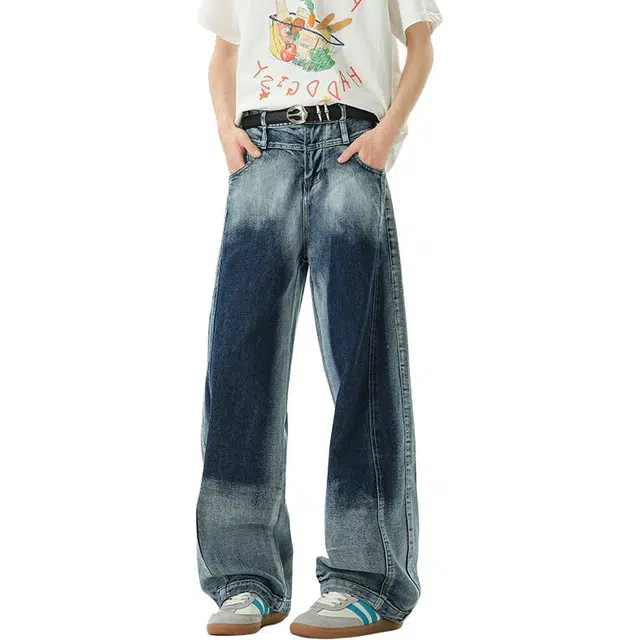 沃马 美式高街宽松直筒做旧学院风牛仔裤 男女同款