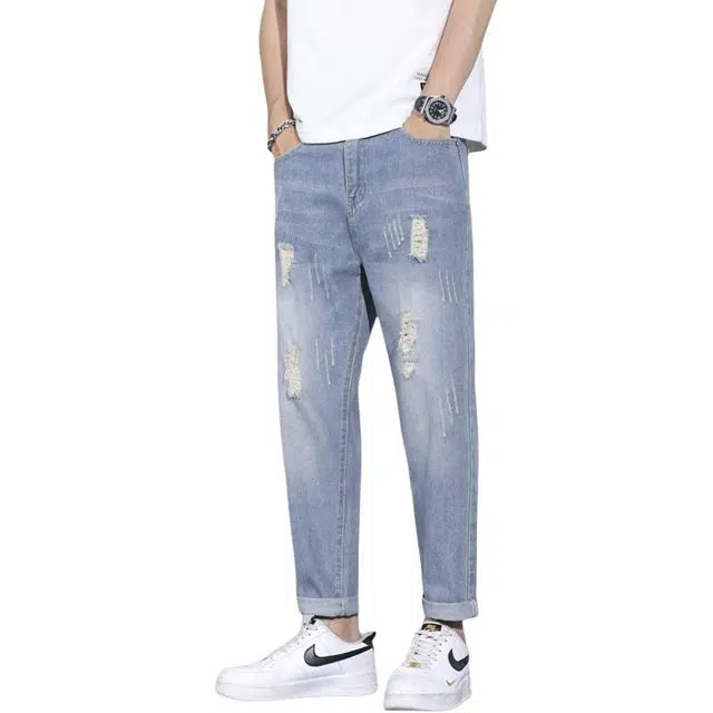 么宁 修身潮流时尚舒适透气个性痞帅运动休闲破洞牛仔裤 男女同款