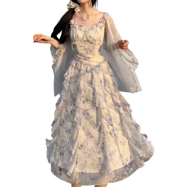 黛尔佳人 法式款高腰荷叶边闪片碎花吊带裙女温柔气质褶皱显瘦超仙连衣裙 女款