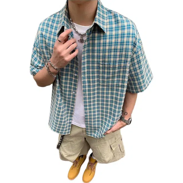 颂希尔 美式复古格子短袖衬衣高级感痞帅日系港风格纹情侣半袖衬衫 男女同款