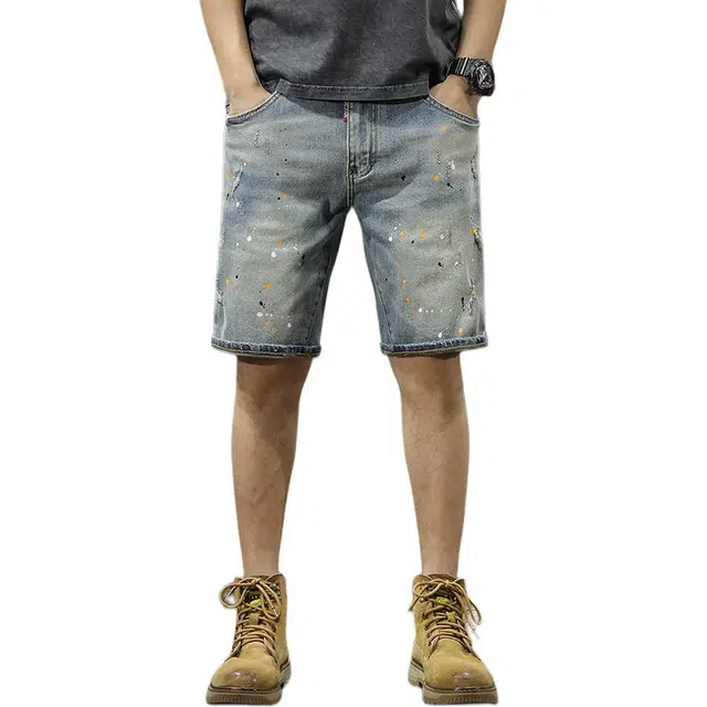 前进牛 美式街头潮牌做旧水洗泼墨破洞设计感直筒五分牛仔短裤 男女同款