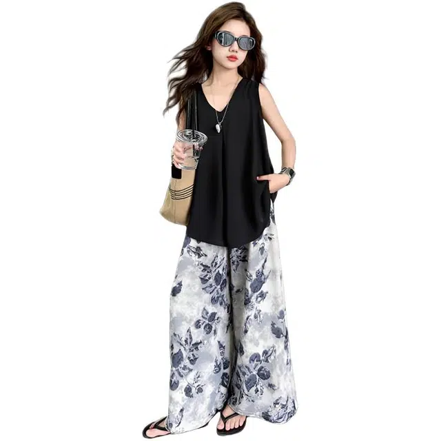 天才小熊休闲运动套装 女童夏季大童潮牌小孩衣服 小女孩 无袖印花裙裤 洋气时髦 漂亮 甜美