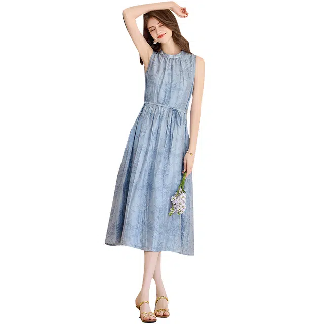 她池 文艺风宽松中长裙莱赛尔立领无袖连衣裙 女款