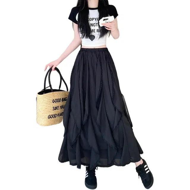 纤丝鸟 不规则荷叶边宽松中长蛋糕裙休闲长裙 女款