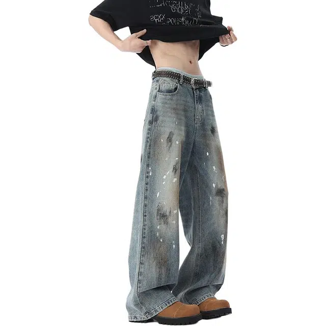 沃马 美式高街弯刀水洗废土风泼墨漆点倒装裤牛仔裤 男女同款 做旧蓝