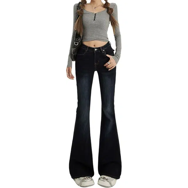 玫丝朵 美式复古辣妹喇叭弹力秋冬牛仔裤 男女同款