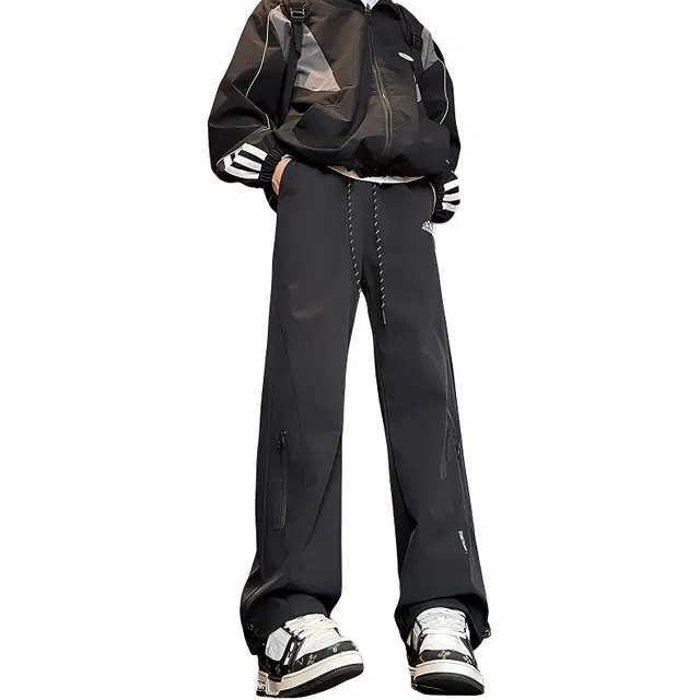 八哥 美式不规则高街城市机能侧边拉链设计款中腰松紧系带直筒宽松百搭防风户外通勤长裤伞兵弯刀休闲裤 男女同款