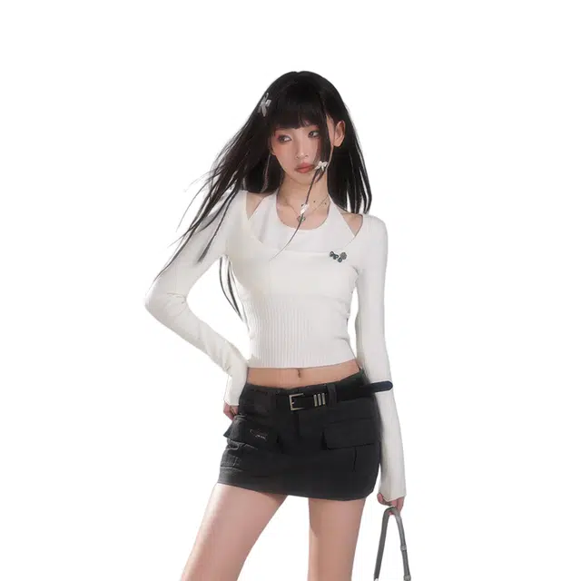 柏黛妃 挂脖假两件短款修身长袖针织衫 女 白色