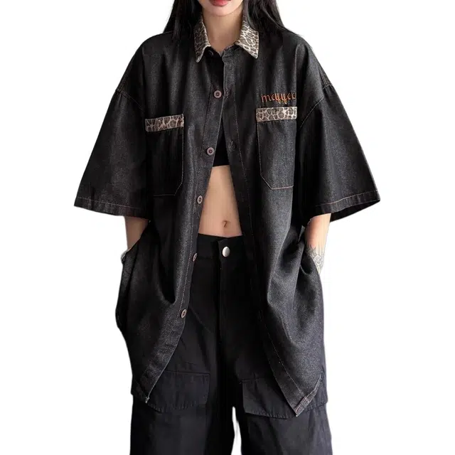 小卷要加油 小众豹纹拼接短袖牛仔男女夏季美式复古水洗宽松翻领衬衣外套衬衫 女款