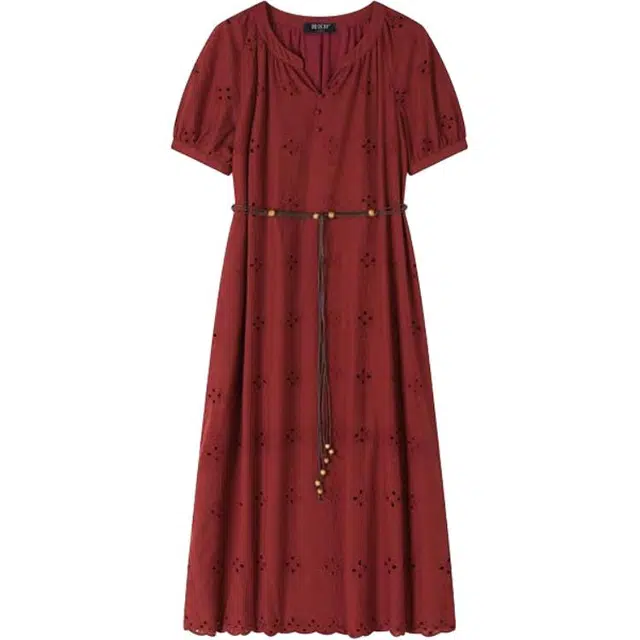 潞优野 度假风简约经典设计优雅气质镂空印花复古风格短袖连衣裙 女款