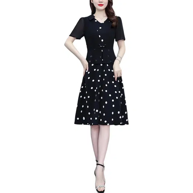 水中花 波点拼色时尚气质遮肉显瘦短袖连衣裙 女款