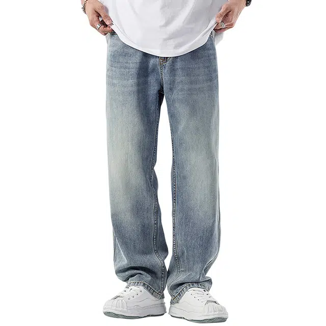 顶峰保罗 无性别主义水洗做旧薄款透气宽松直筒美式高街潮牌垂感休闲阔腿长裤子时尚百搭设计感牛仔裤 男女同款