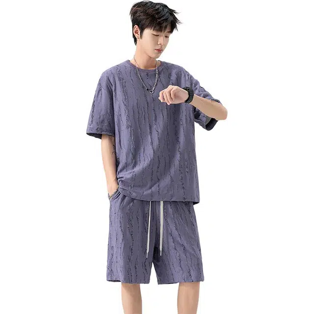 左岸 破洞流苏短袖短裤两件套男款大码夏季冰丝透气加肥加大胖子休闲运动套装 男女同款