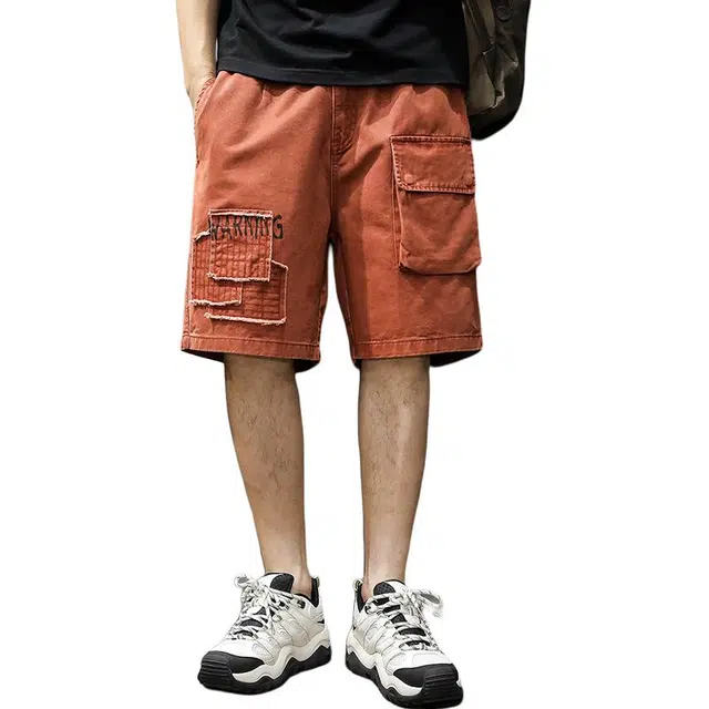 前进牛 夏季美式高街复古潮流机能高端做旧水洗拼接叠叠补丁重磅潮流痞帅直筒夏季纯棉五分工装短裤 男女同款