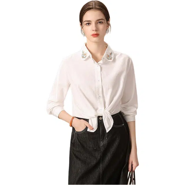 粉红玛琍 通勤单排扣翻领长袖衬衫 女款 白色