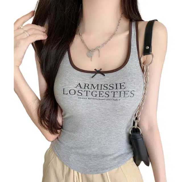 怪力萝莉 美式复古甜辣妹字母印花吊带女夏内搭带胸垫裹胸外穿打底上衣背心 女款