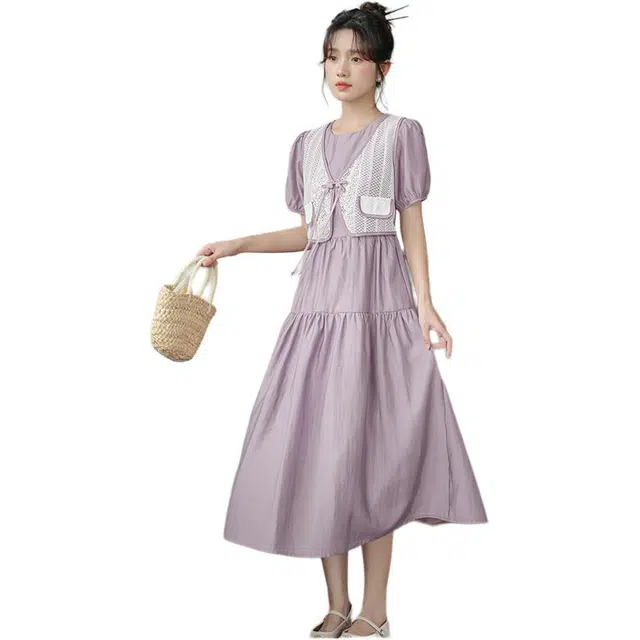 水中花 百搭简约舒适气质清新短袖连衣裙 女款